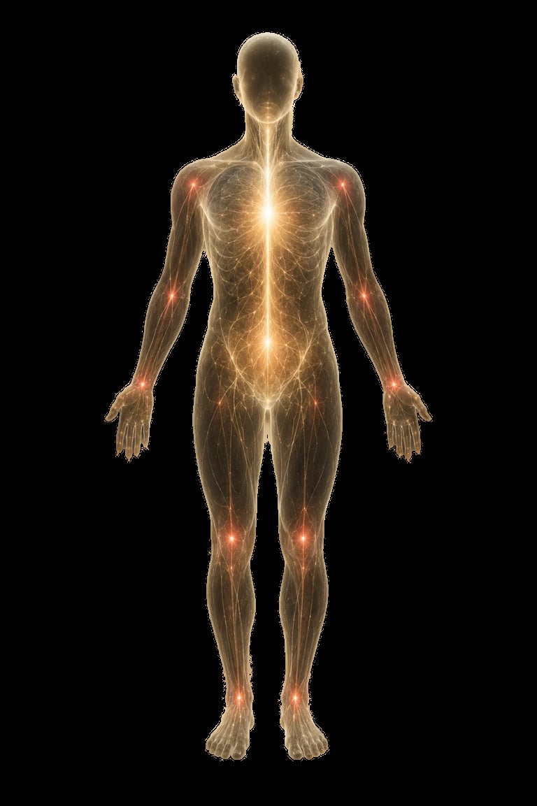 Anatomical illustration of human nervous system with glowing nerve pathways throughout the body on black background