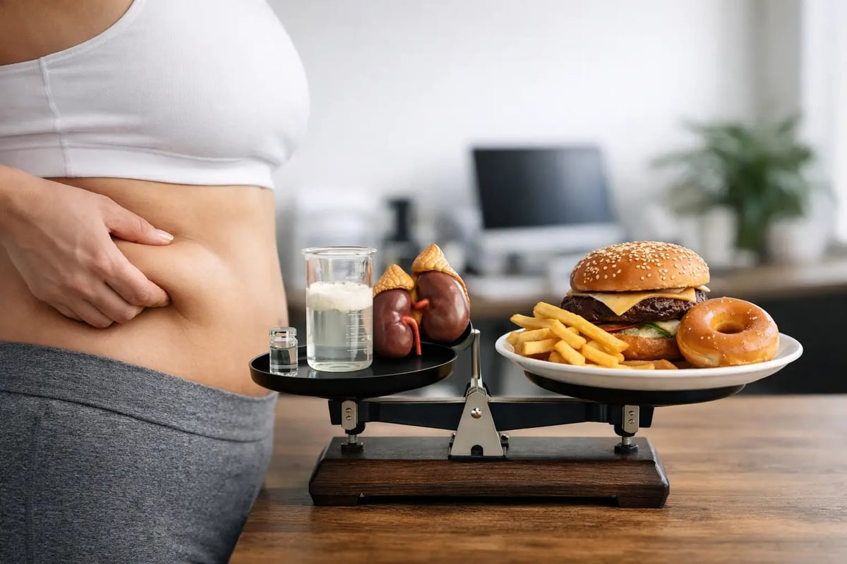 Person with bloated stomach looking at a scale displaying unhealthy fast food on one side and a glass of water and apple on the other