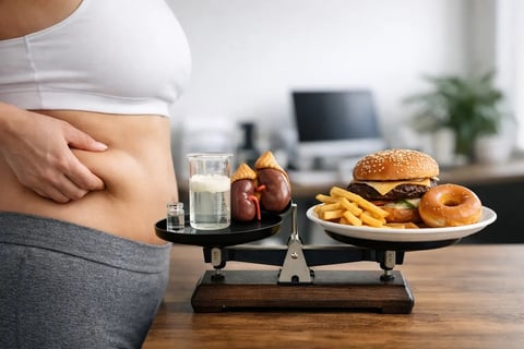 Person with bloated stomach looking at a scale displaying unhealthy fast food on one side and a glass of water and apple on the other