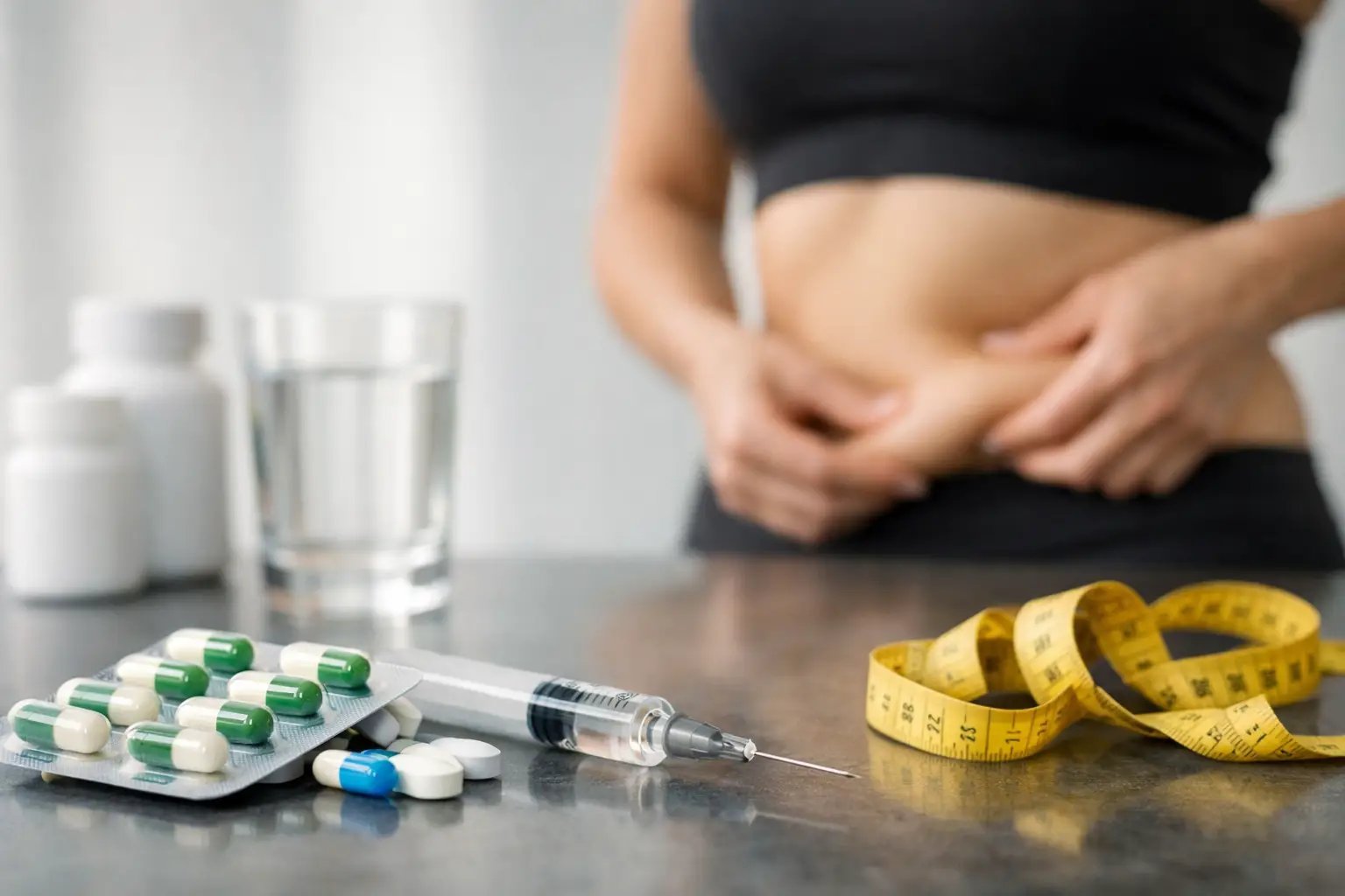 Person measuring waist with tape measure, surrounded by pills, syringe, and water glass on table