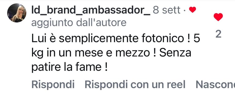 Italian social media post from brand ambassador praising someones physical transformation in a month and a half