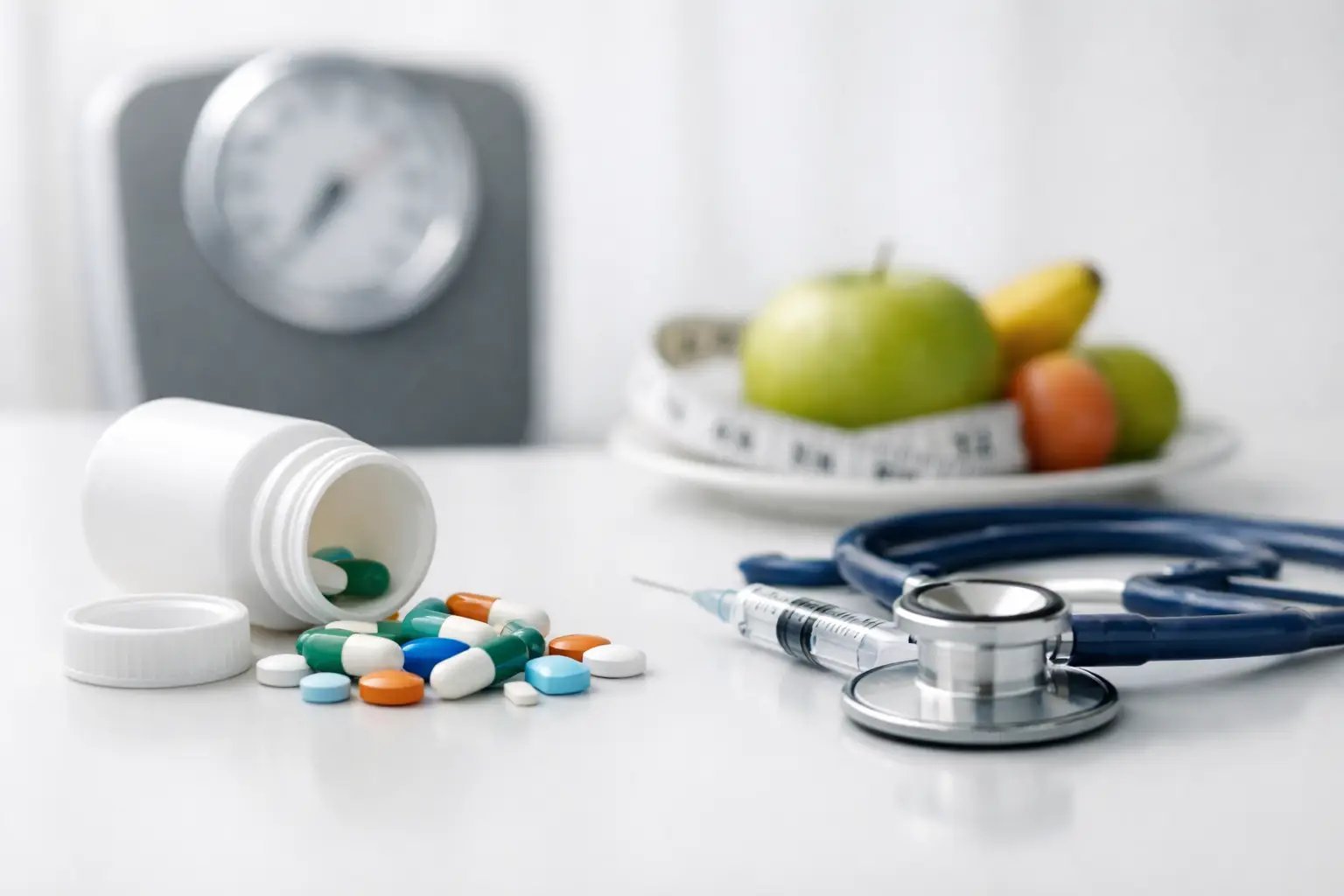 Medications and health monitoring equipment with scale, stethoscope, fresh fruit, and measuring tape on white surface