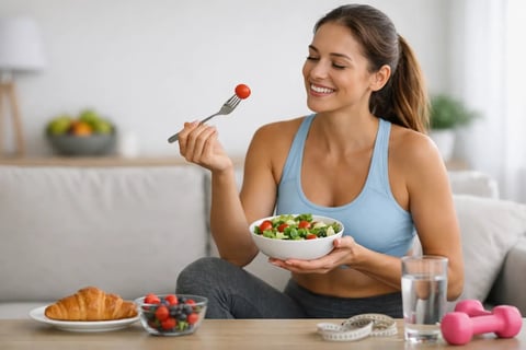 Woman in athletic wear eating a healthy salad at home, surrounded by fresh fruits, vegetables, and fitness equipment