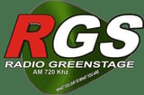 Radio Greenstage RGS logo, AM 720 kHz station branding with red and white text on green background
