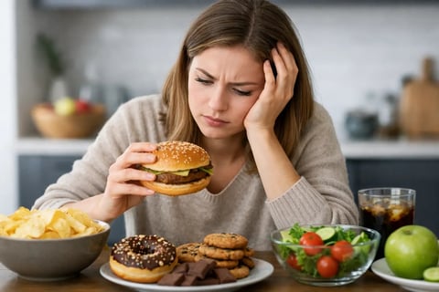 Woman with uncertain expression holding a hamburger, surrounded by unhealthy snacks and healthy food options in a kitchen