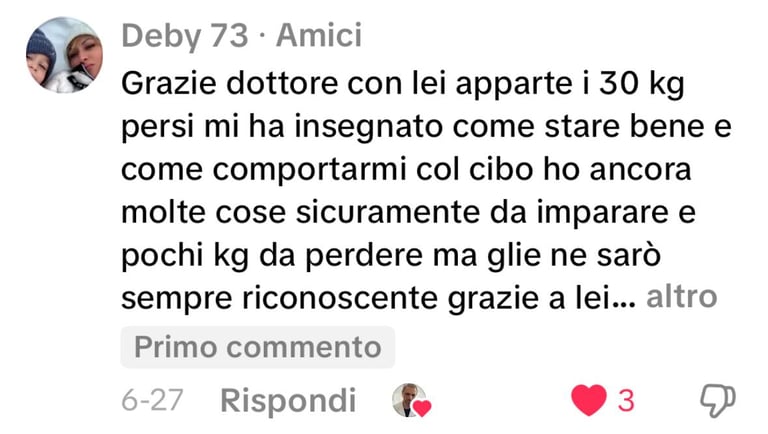 Social media comment by Derby 73 on weight loss journey with Italian text