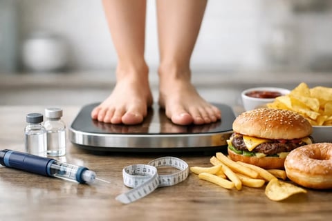 Person standing on bathroom scale surrounded by unhealthy fast food, insulin pen, and measuring tape representing diabetes and weight management