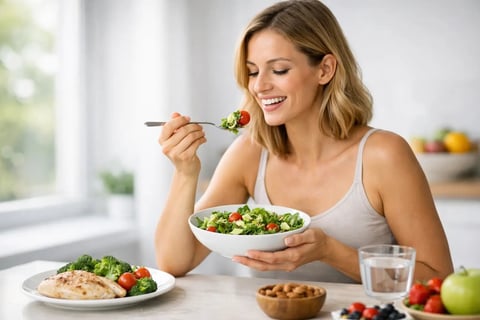 Woman eating a healthy salad in a bright kitchen with fresh fruits and vegetables on the counter