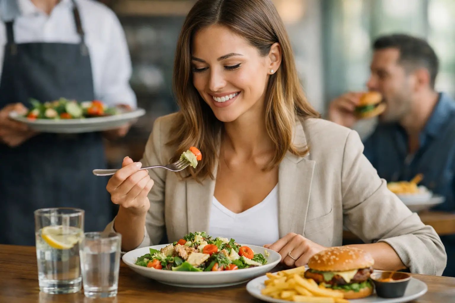 Donna che sorride mentre mangia un'insalata al ristorante con altri avventori e camerieri sullo sfondo