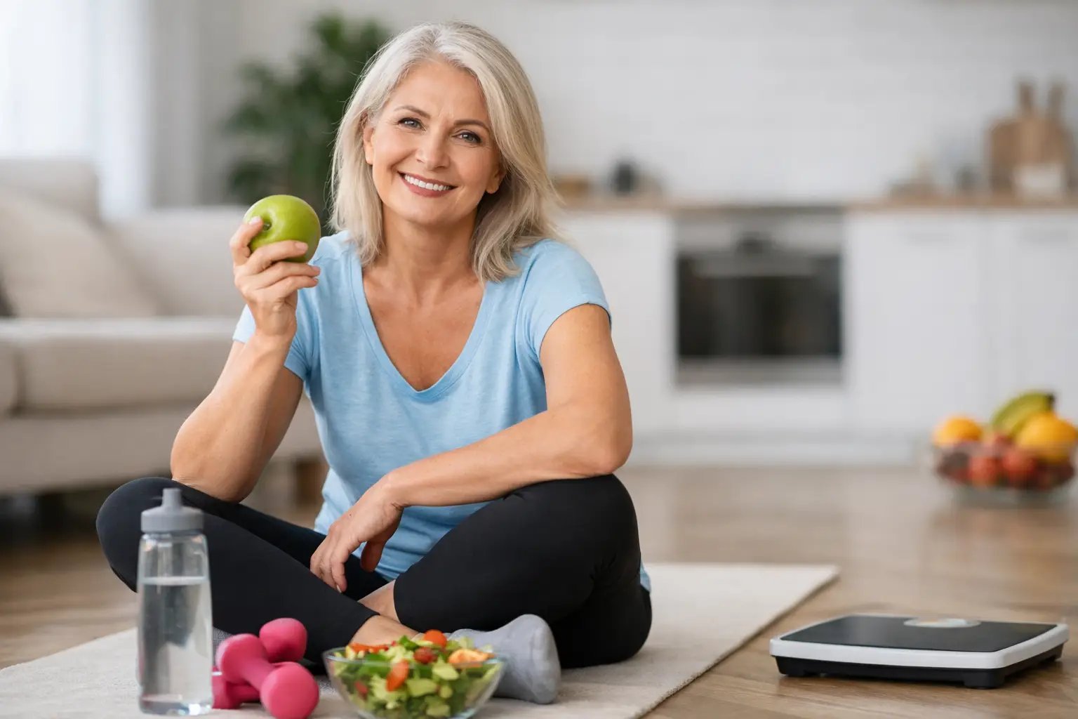 Mature woman in blue shirt holding green apple, sitting on floor with fitness items and healthy food around her
