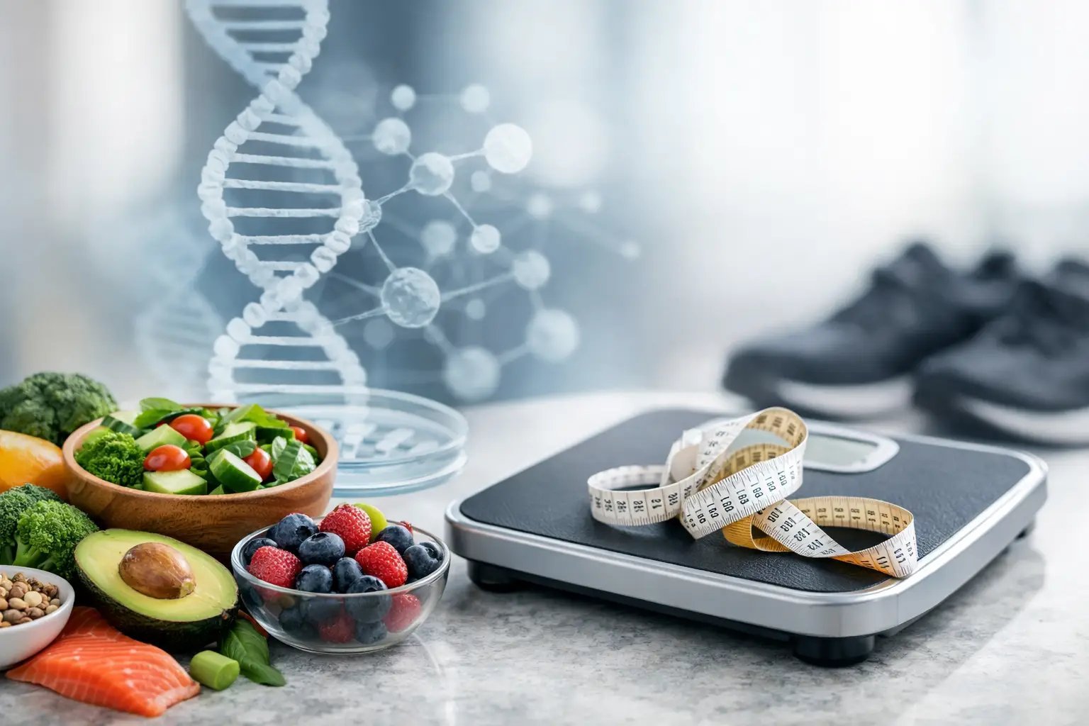 Digital scale with measuring tape surrounded by fresh vegetables, fruits, and a DNA helix graphic representing health and fitness.