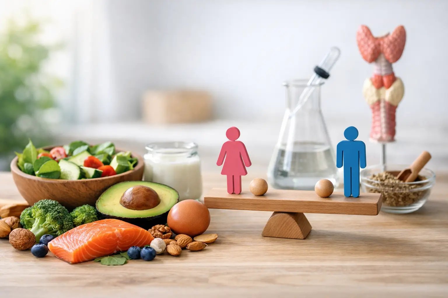 Balanced diet and gender nutrition concept with male and female figures on a scale, surrounded by healthy foods like salmon, vegetables, nuts, and whole grains