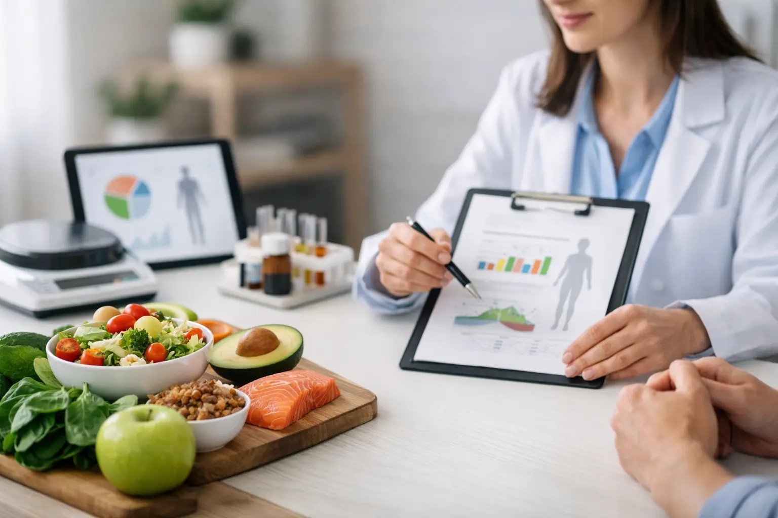 Nutritionist reviewing diet plan with patient, displaying healthy foods and digital charts on tablet and laptop