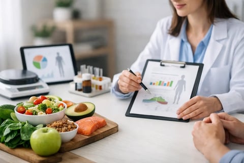 Nutritionist reviewing diet plan with patient, displaying healthy foods and digital charts on tablet and laptop