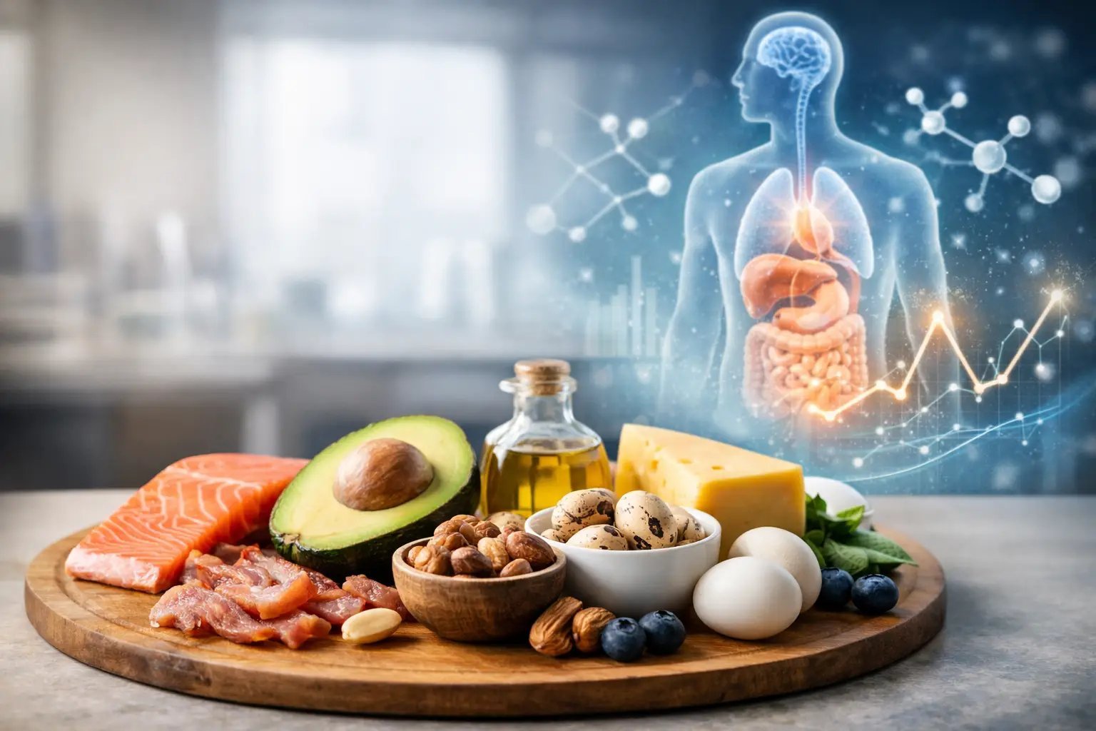 Nutritious food including salmon, avocado, nuts, and eggs arranged on a wooden board with digital healthcare visualization showing digestive organs in background