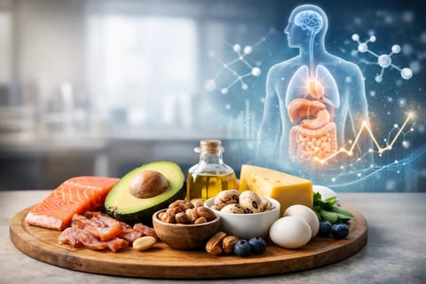 Nutritious food including salmon, avocado, nuts, and eggs arranged on a wooden board with digital healthcare visualization showing digestive organs in background