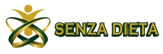 Senza Dieta logo featuring a gold figure with arms raised inside a crossed oval shape and green text