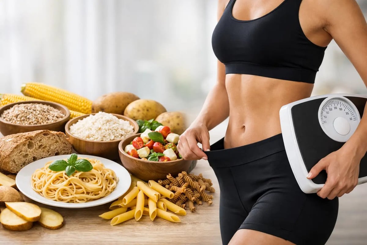 Fit woman in black workout clothes holding a scale next to various foods including pasta, bread, vegetables, and corn, representing diet and fitness choices