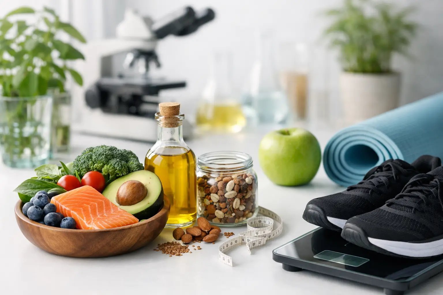 Healthy lifestyle arrangement with nutritious foods, olive oil, fitness shoes, yoga mat, and laboratory equipment in a wellness setting