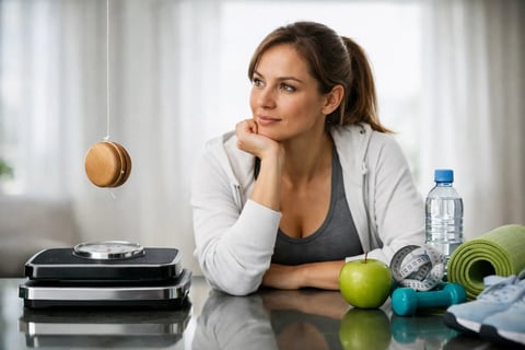 Woman at desk surrounded by fitness items