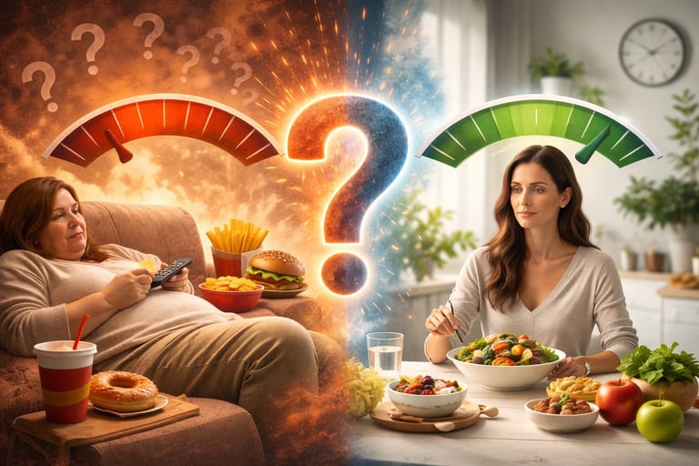 Conceptual image contrasting unhealthy eating habits on the left with healthy eating choices on the right, separated by a glowing question mark