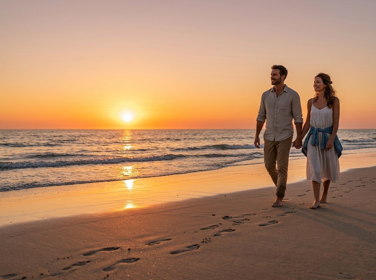 Coppia che cammina mano nella mano sulla spiaggia al tramonto con onde del mare e cielo dorato