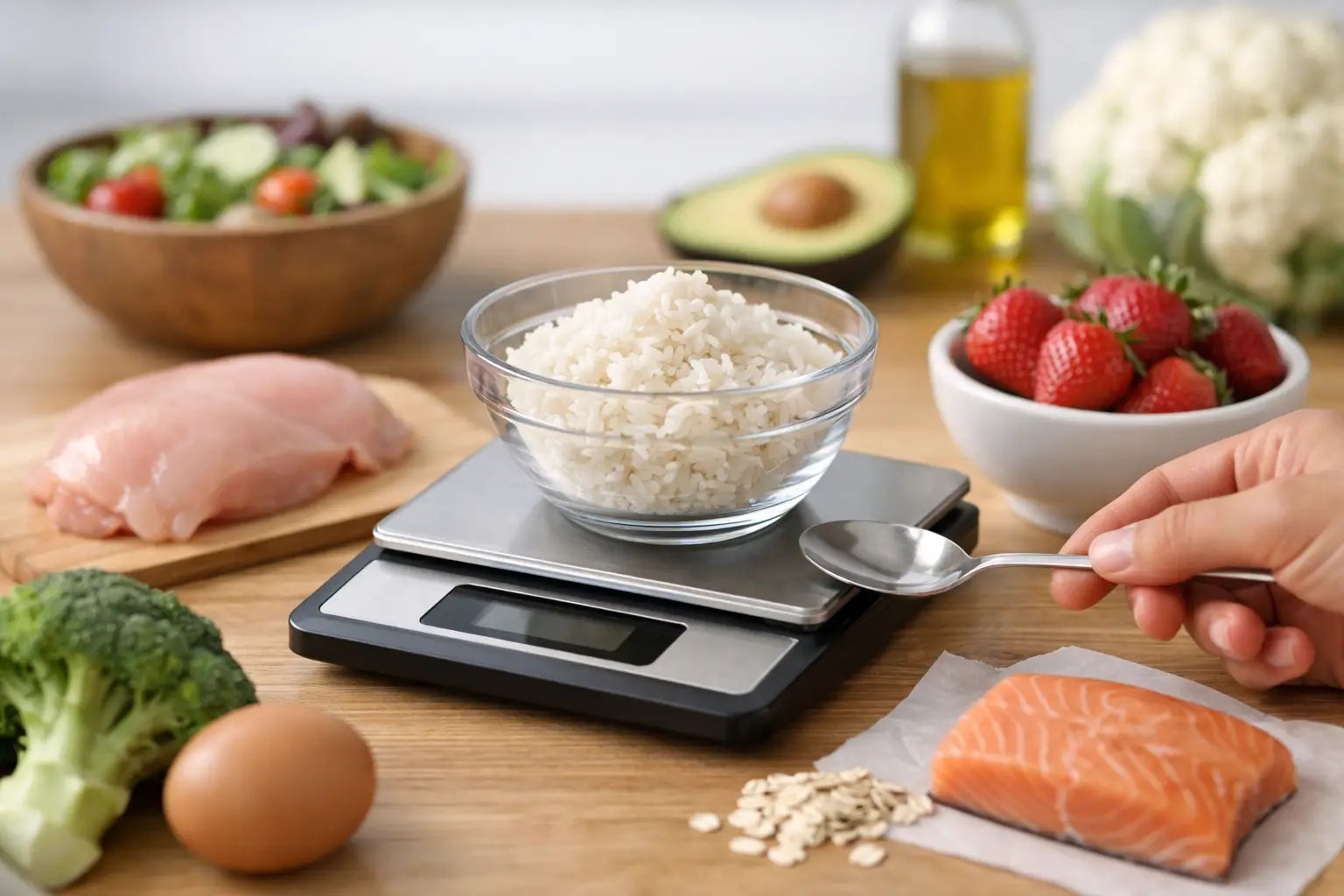 Hand measuring cauliflower rice on digital scale surrounded by fresh ingredients including salmon, chicken, vegetables, and olive oil on wooden surface