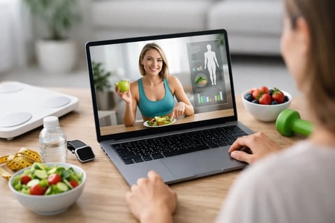 Person video conferencing with a nutritionist on laptop while eating a healthy salad at a desk