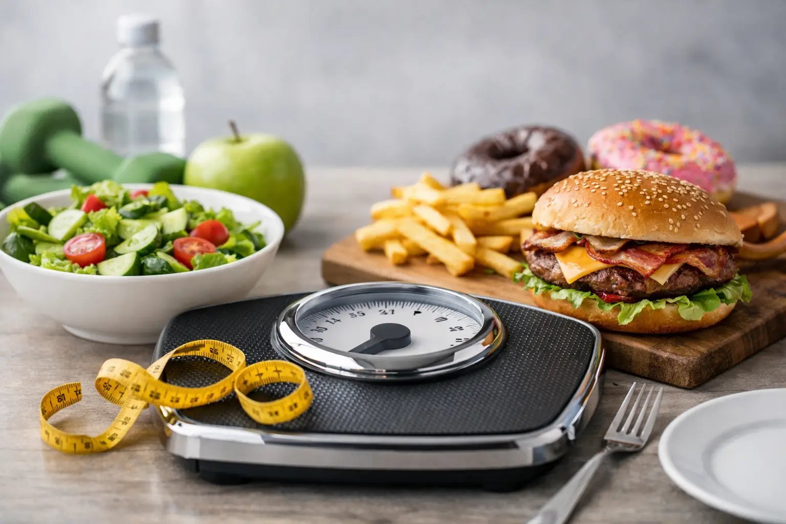 Bathroom scale surrounded by healthy food like salad and fruit, and unhealthy options like burger and donuts, with measuring tape representing diet and weight loss choices