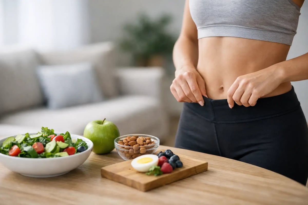 Woman in fitness attire measuring her waist with tape measure, standing at table with healthy food including salad, fruit, nuts, and berries