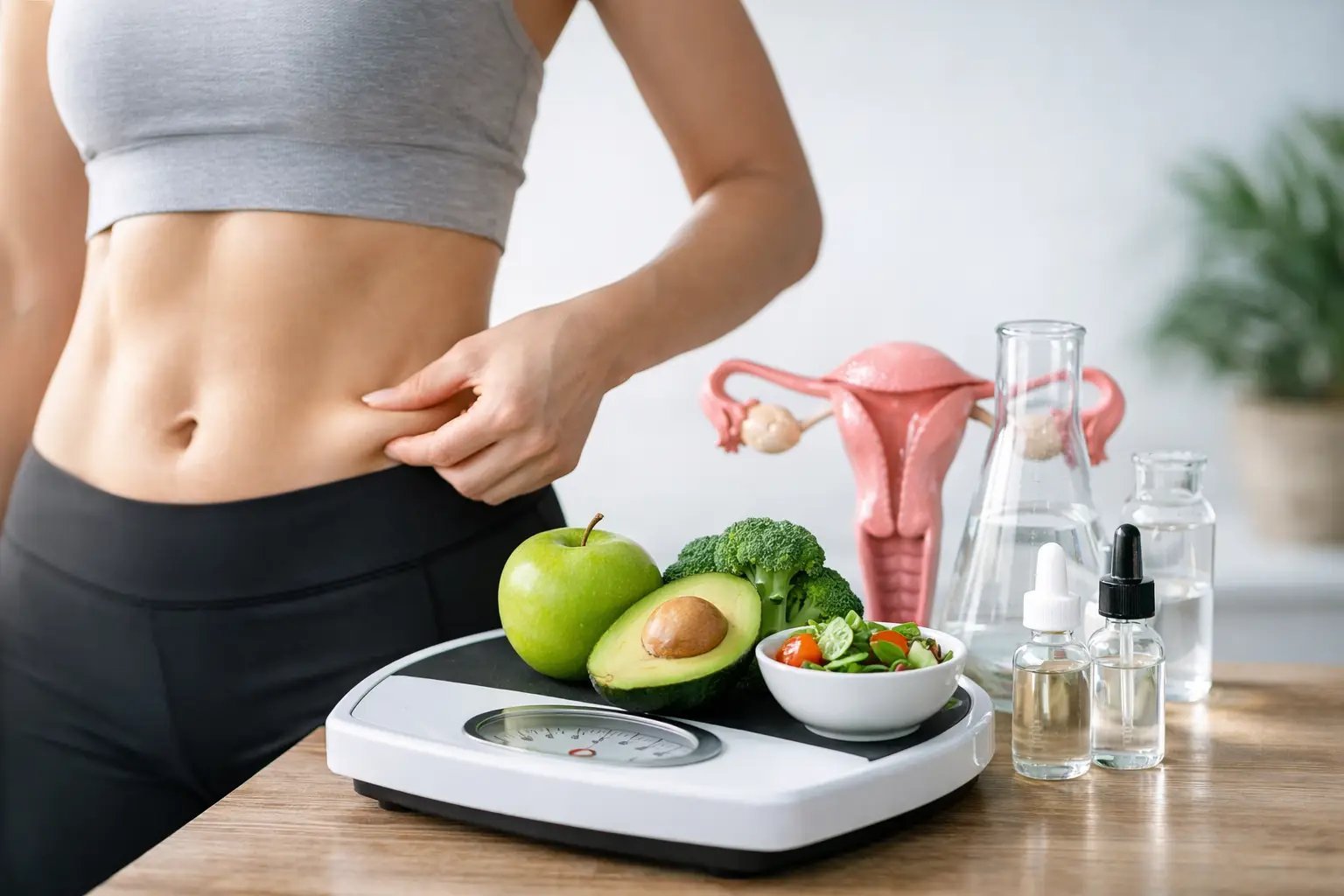 Woman pinching stomach fat beside scale with healthy food and water bottles, reproductive health model visible in background