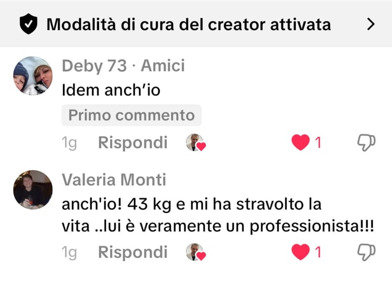 Social media comments section showing two user comments with profile pictures, likes, and timestamps in Italian