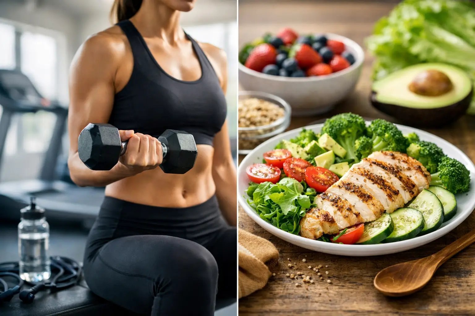Split image showing woman lifting dumbbell in gym on left, healthy meal with grilled chicken and vegetables on right