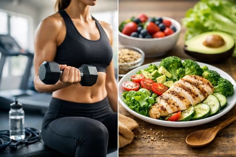 Split image showing woman lifting dumbbell in gym on left, healthy meal with grilled chicken and vegetables on right