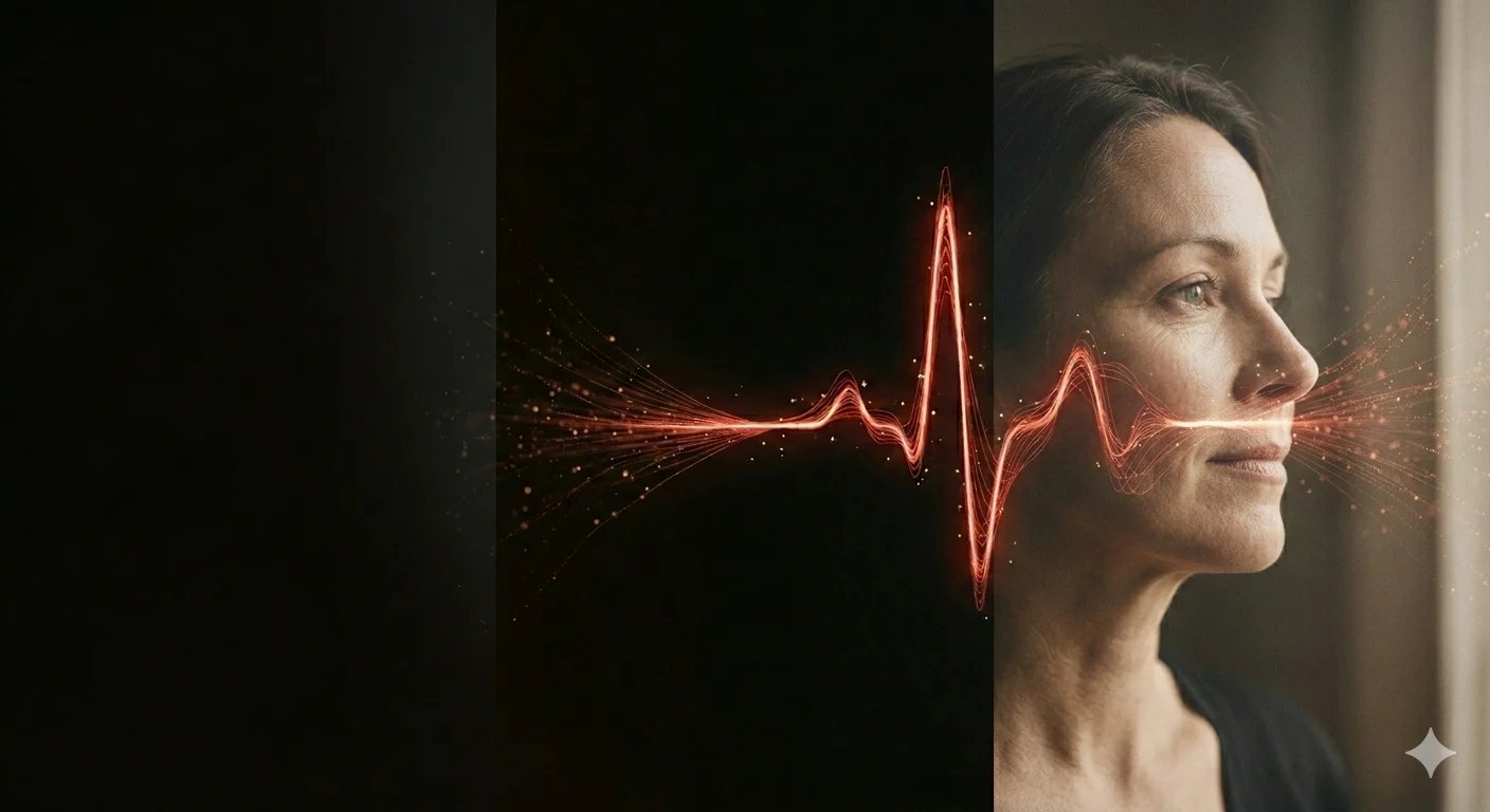 Woman in profile with glowing red heartbeat waveform line emerging from her head against dark background