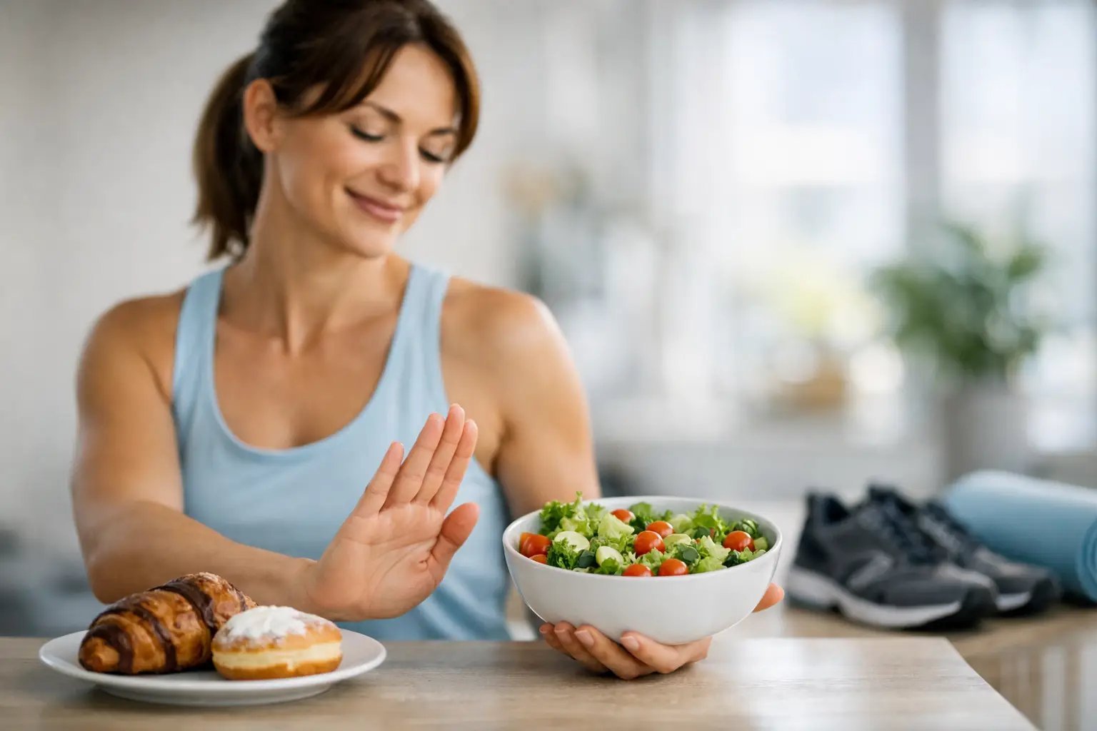 Woman rejecting pastries and choosing healthy salad bowl, with running shoes and dumbbells in background representing fitness lifestyle choice
