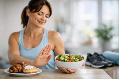 Woman rejecting pastries and choosing healthy salad
