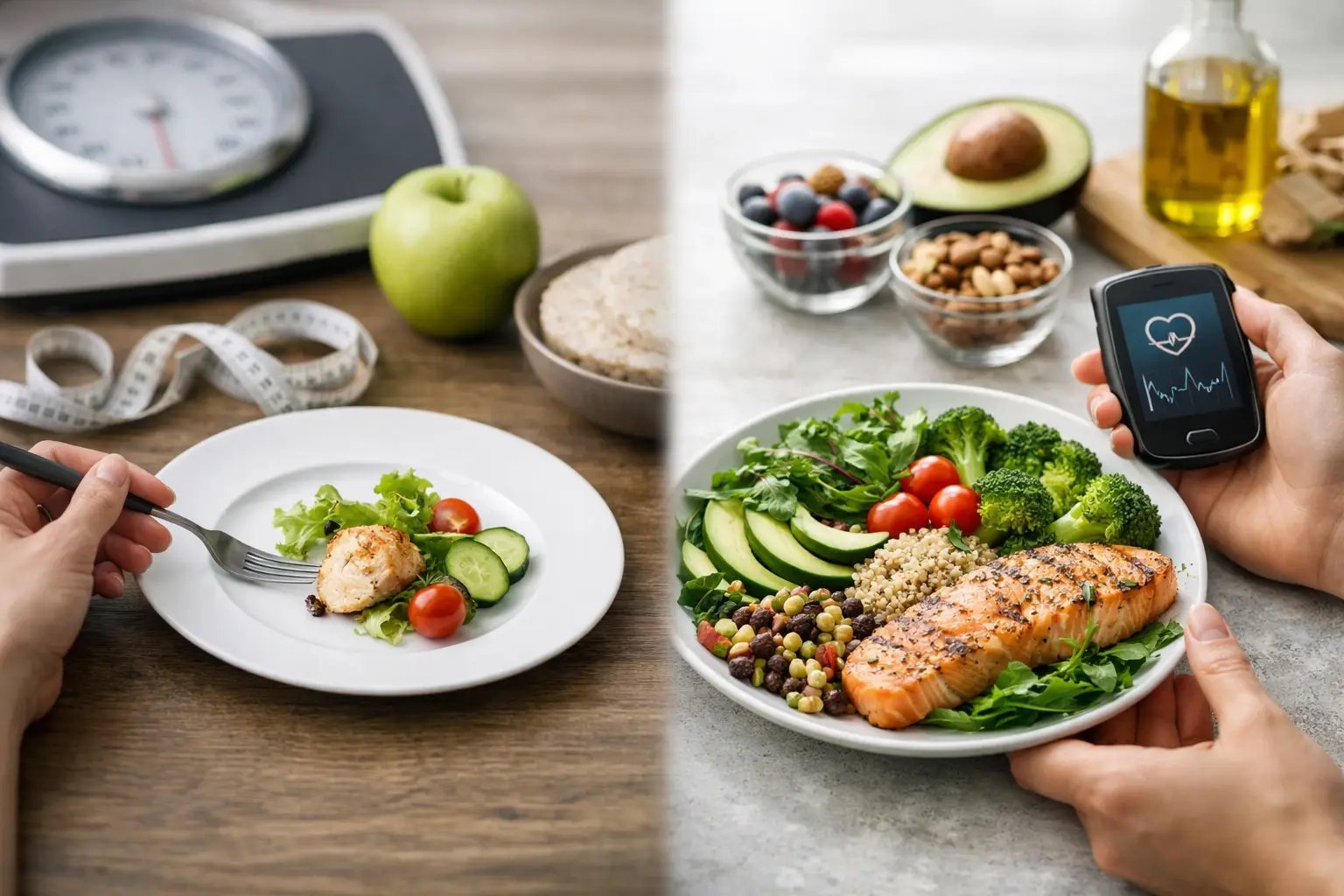 Split image showing healthy eating and fitness tracking: left side displays a plate of grilled chicken with vegetables and fresh apple beside a scale, right side shows salmon with greens held by hands next to a fitness tracker app