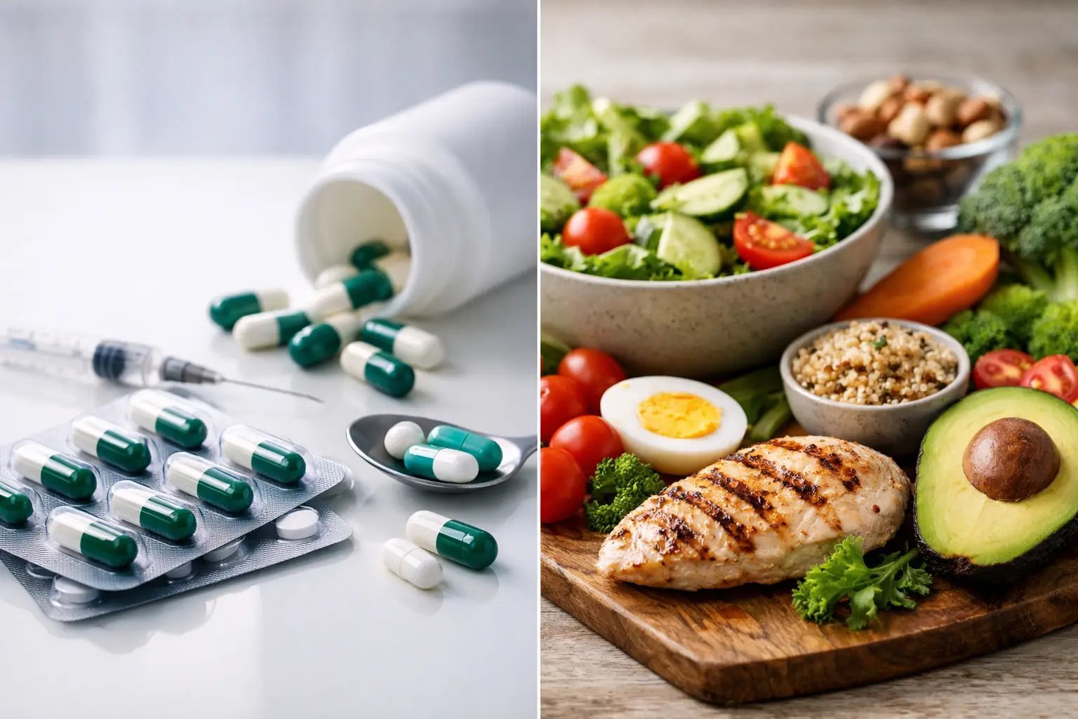 Split image showing pills and medications on left side, healthy meal with grilled chicken, vegetables and salad on right side