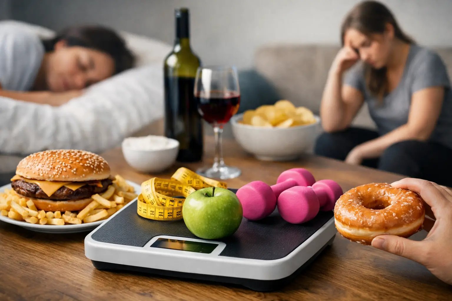Scale displaying junk food and healthy items with exhausted people and wine in background, symbolizing diet struggle and temptation