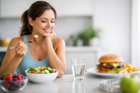 Donna che mangia un'insalata sana con verdure fresche