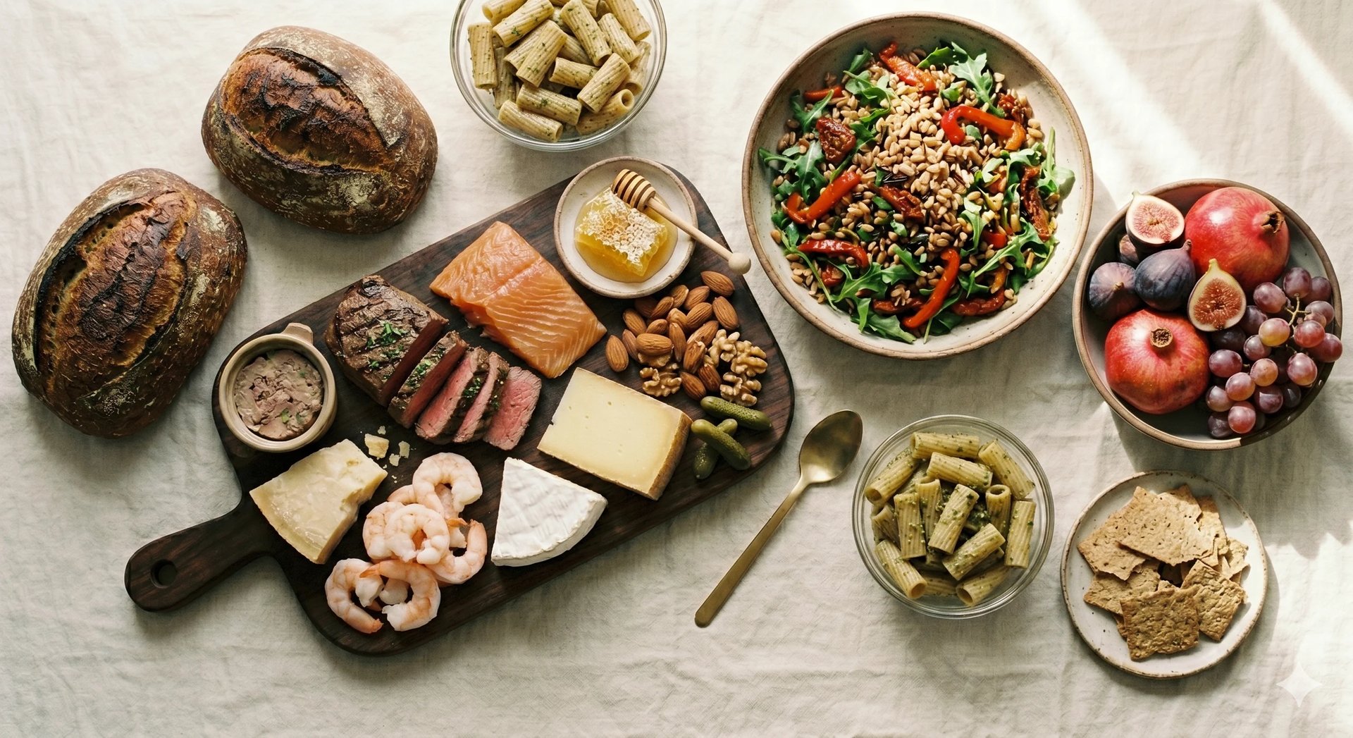 Overhead view of a healthy charcuterie board with bread, cheeses, cured meats, nuts, fresh fruits, vegetables, and spreads