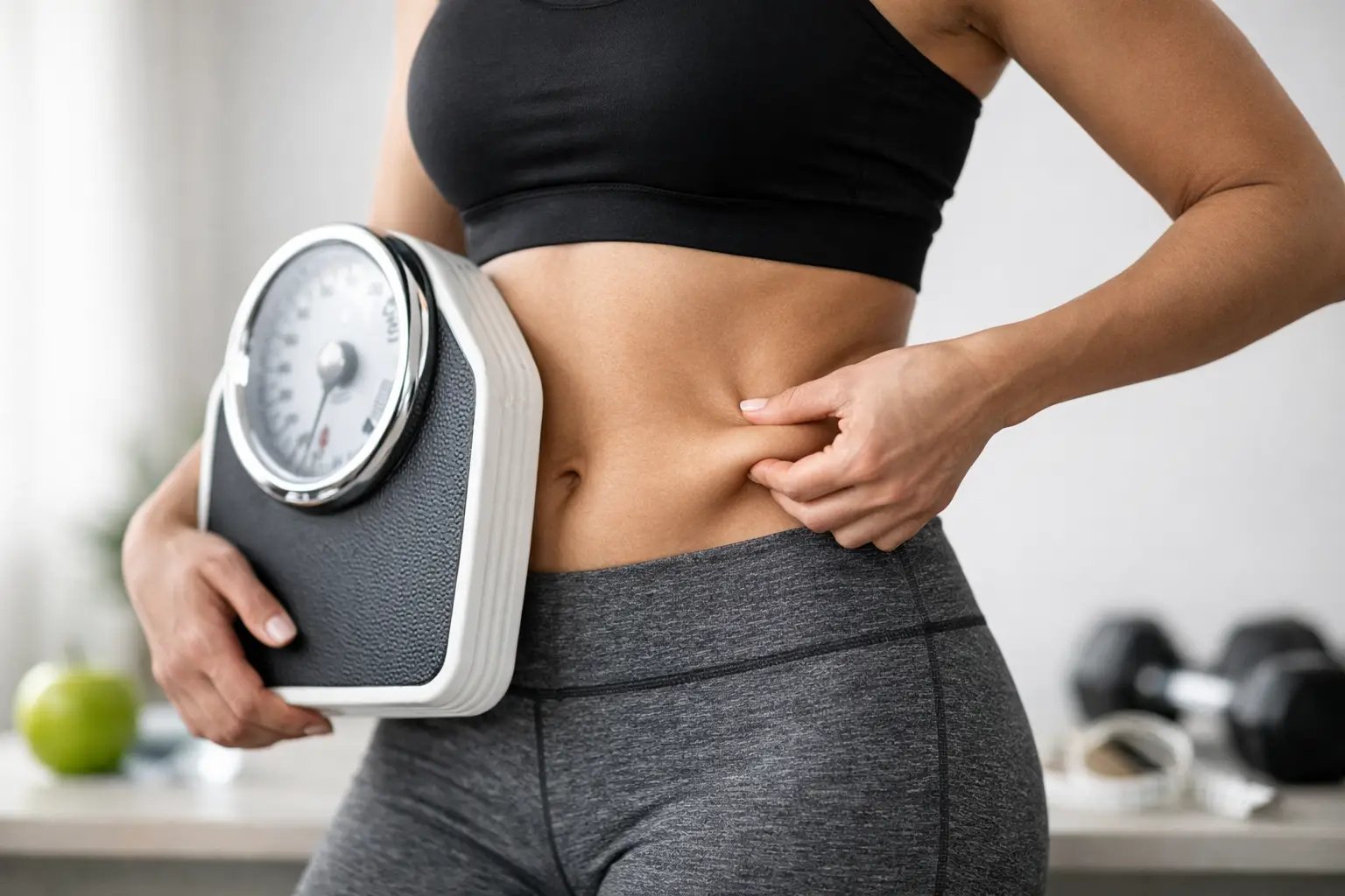 Woman in athletic wear holding a bathroom scale, touching her abdomen. Green apple and dumbbells visible in background suggesting fitness and weight management.