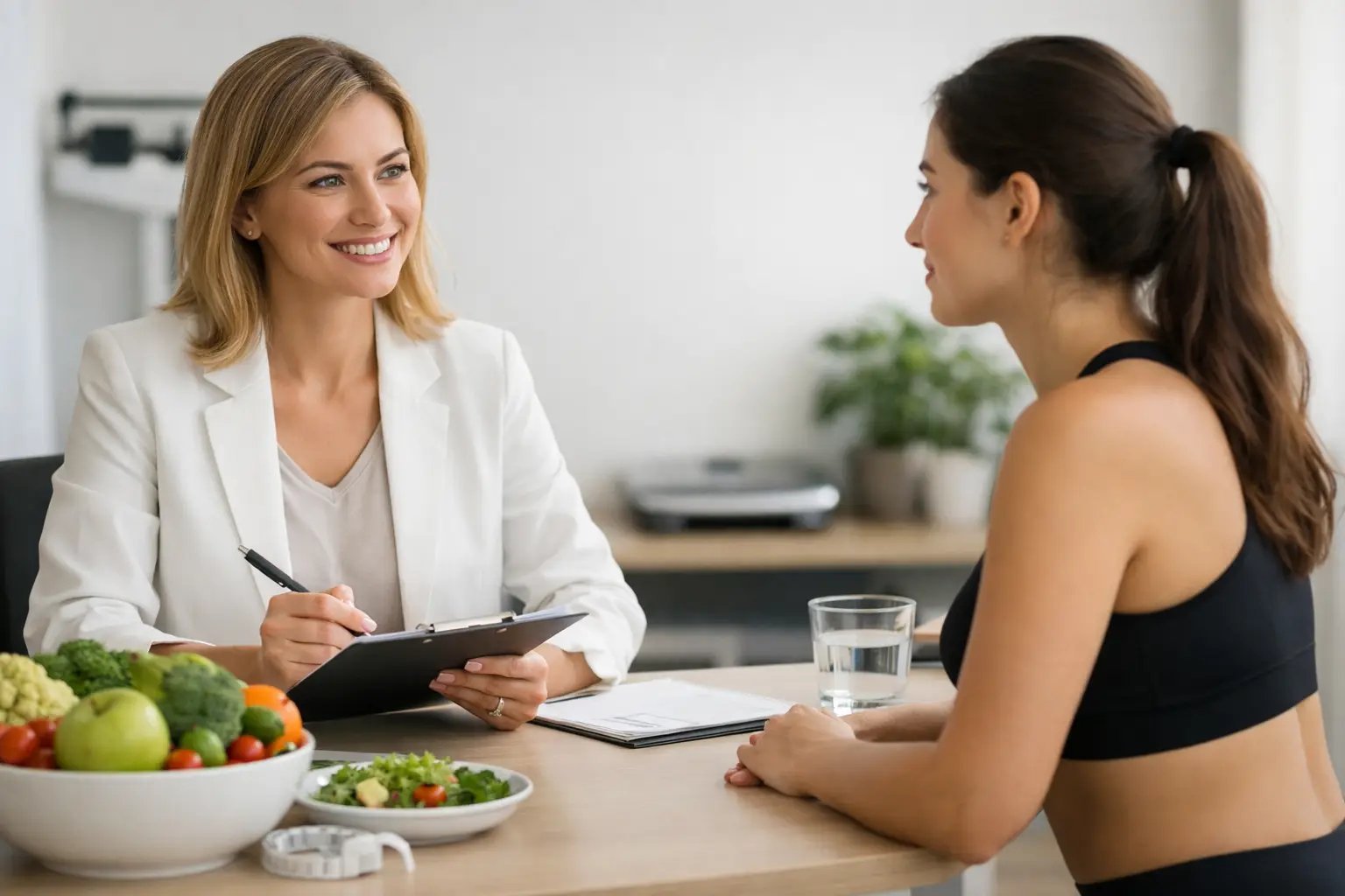 Female nutritionist in white jacket consulting with a client during a diet consultation, with fresh vegetables and water on the table