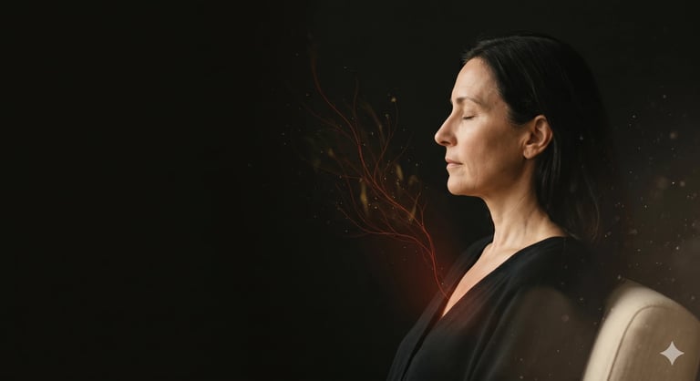 Woman in profile with long dark hair wearing dark clothing against a dark background with warm glowing effects