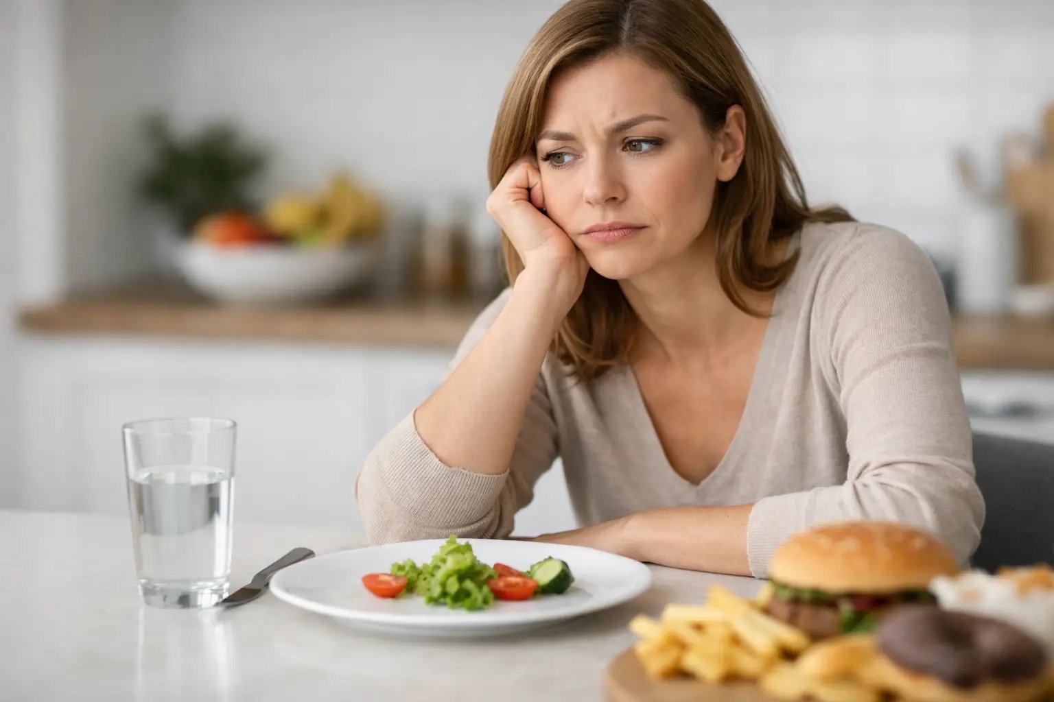 Woman looking thoughtfully at healthy salad on plate with unhealthy food nearby in a bright kitchen