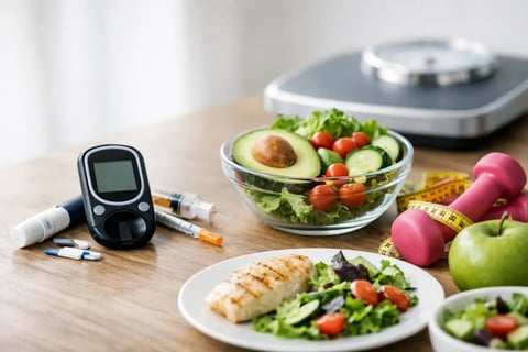 Diabetes management and healthy eating setup with glucose meter, insulin pens, fresh salads, grilled chicken, fruits, and weight scale on wooden table