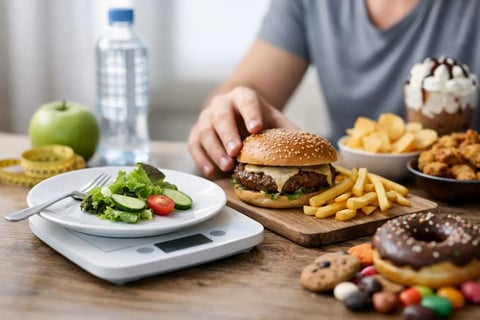 Person choosing between healthy salad on scale and unhealthy burger, fries, and sweets representing diet decision