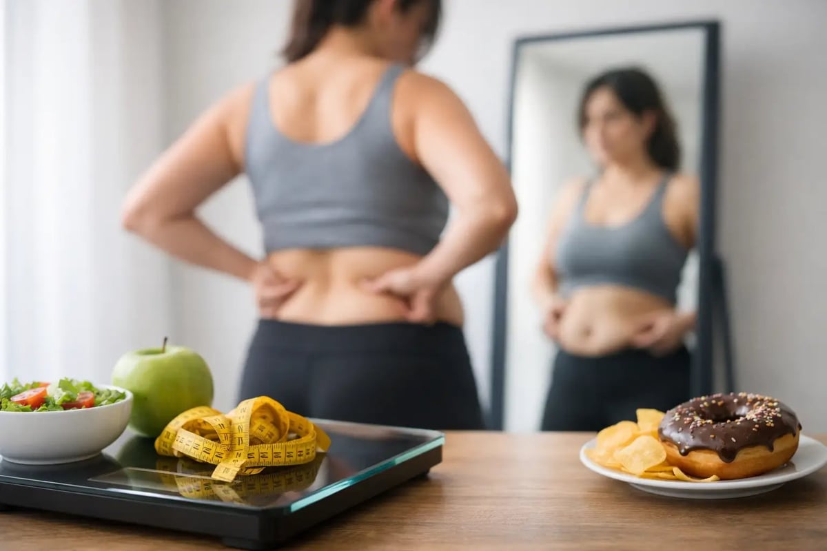 Woman in sportswear examining body in mirror with healthy and unhealthy food options on table in front