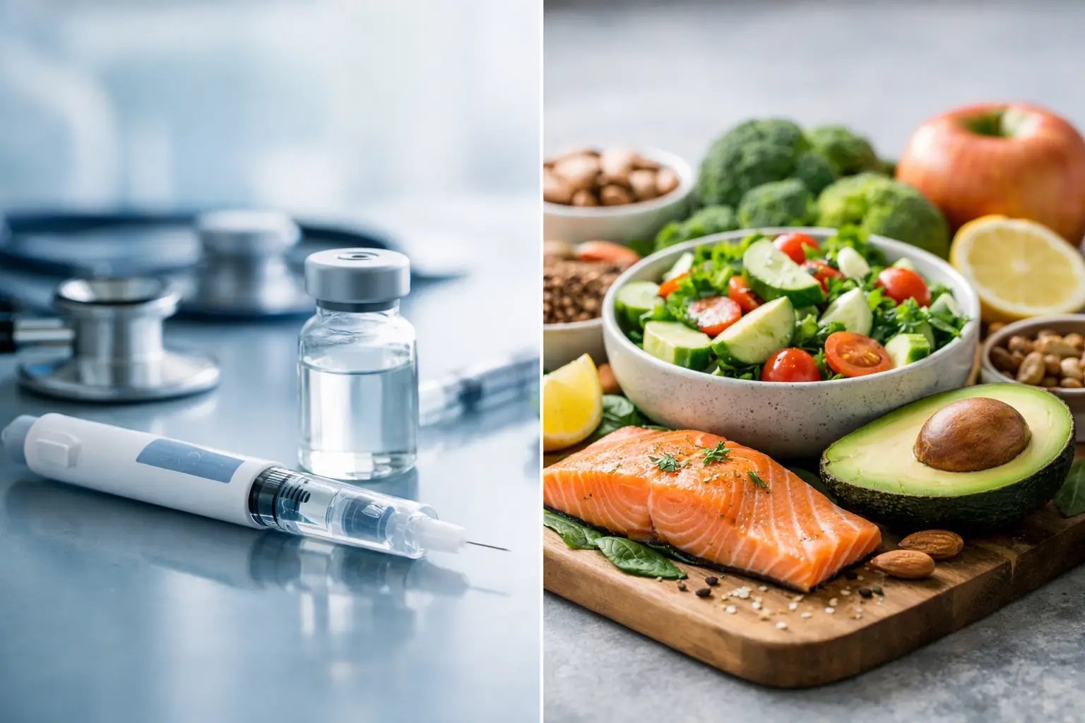 Split image: left shows medical syringe and stethoscope; right displays healthy foods including salmon, avocado, vegetables, nuts, and salad